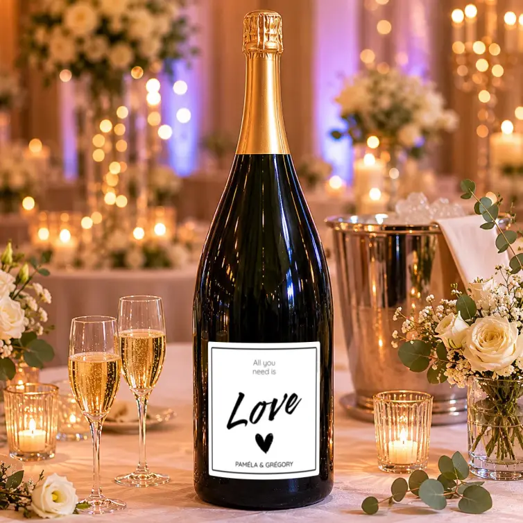 Étiquette personnalisée mariage, design Love moderne noir & blanc format carré
