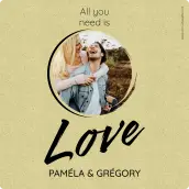 Custom wedding label, “Love” design with photo, natural background square