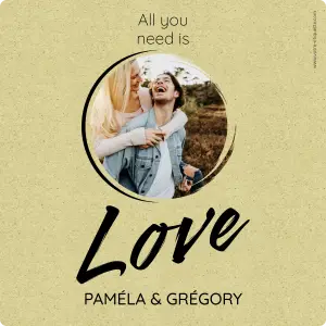 custom wedding label, “love” design with photo, natural background square