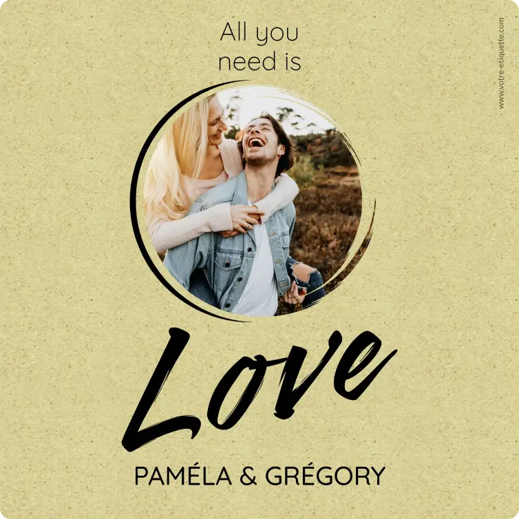 Custom wedding label, “Love” design with photo, natural background square