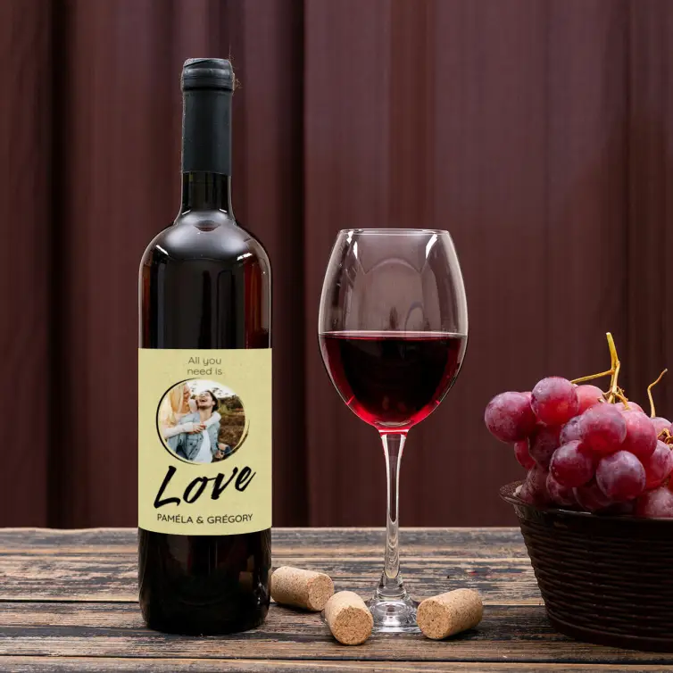 Custom wedding label, “Love” design with photo, natural background square