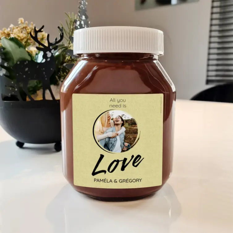 Custom wedding label, “Love” design with photo, natural background square