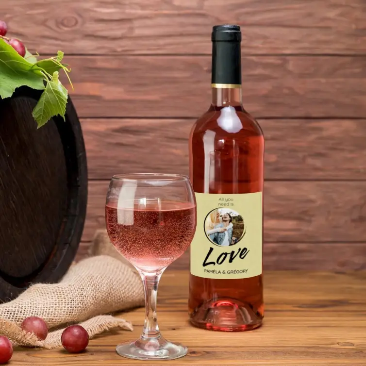 Custom wedding label, “Love” design with photo, natural background square