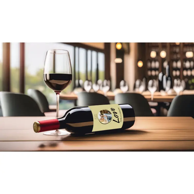 Custom wedding label, “Love” design with photo, natural background square