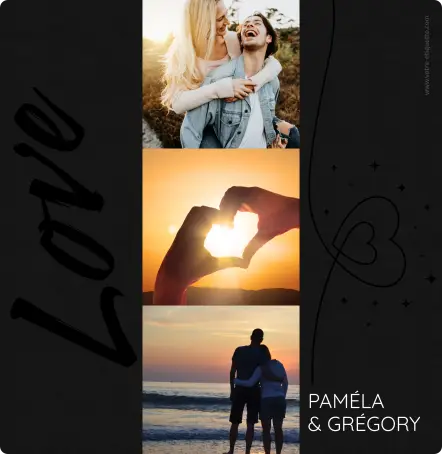 Étiquette personnalisée mariage, collage photo vertical et design noir mat