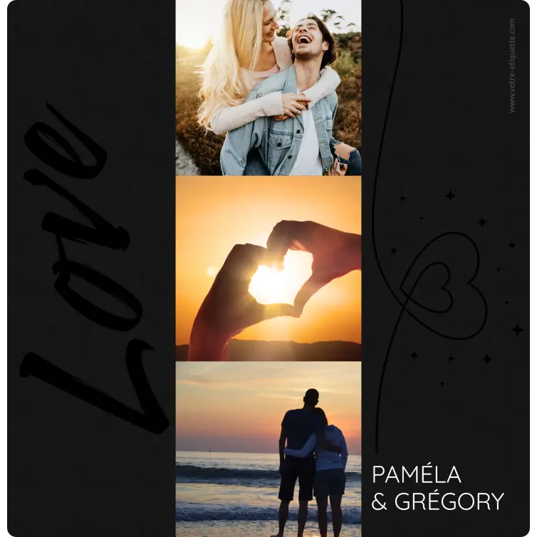Étiquette personnalisée mariage, collage photo vertical et design noir mat