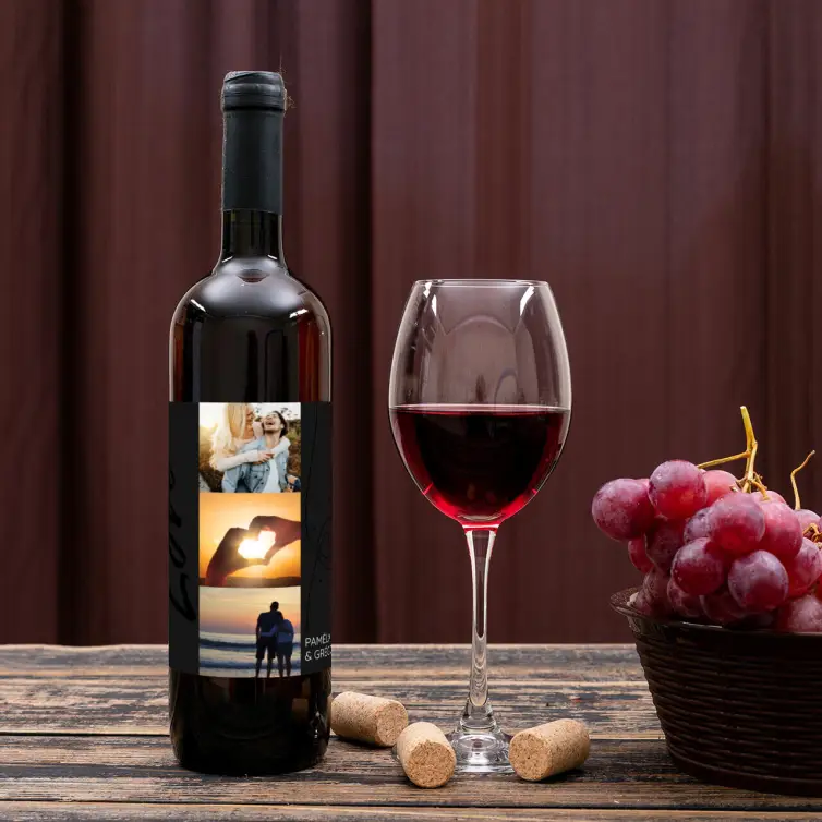 Étiquette personnalisée mariage, collage photo vertical et design noir mat