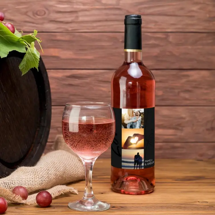 Étiquette personnalisée mariage, collage photo vertical et design noir mat