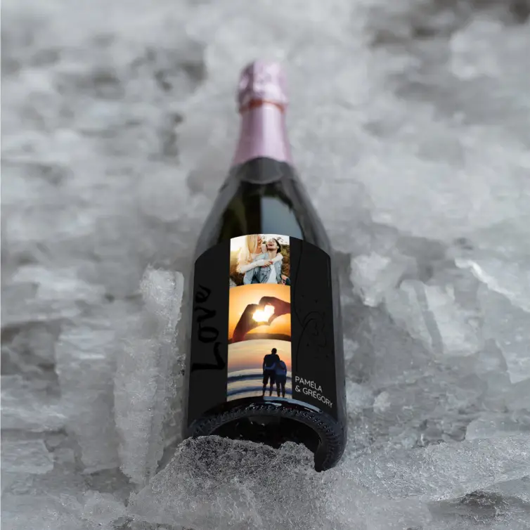 Étiquette personnalisée mariage, collage photo vertical et design noir mat