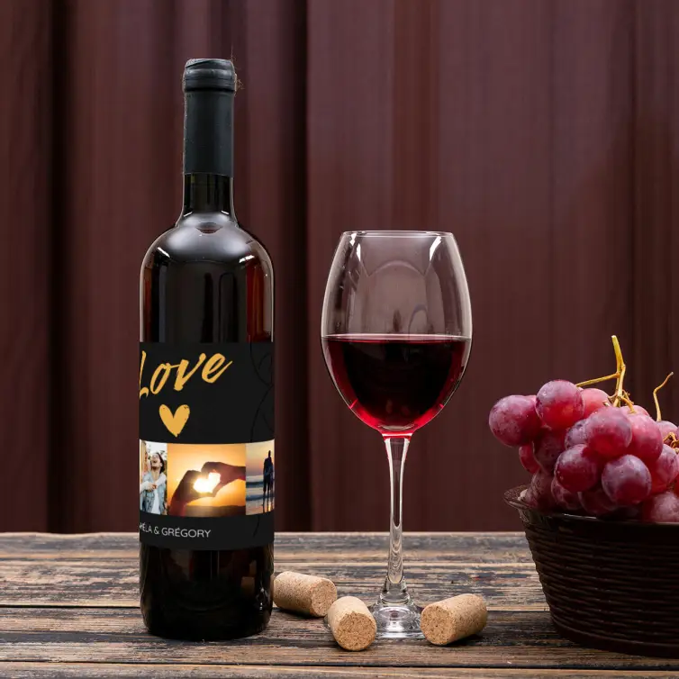 Étiquette personnalisée mariage, design Love doré et collage photo