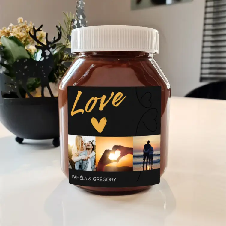 Étiquette personnalisée mariage, design Love doré et collage photo