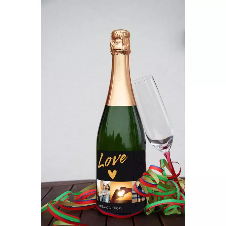 Étiquette personnalisée mariage, design Love doré et collage photo