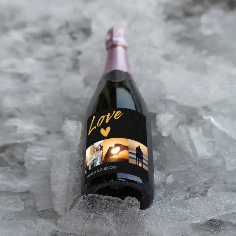 Étiquette personnalisée mariage, design Love doré et collage photo