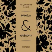 Étiquette personnalisée mariage, motif floral noir sur fond beige