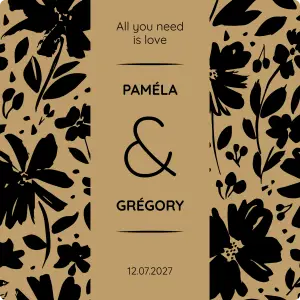 custom wedding label, black floral pattern on beige background
