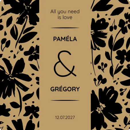 Custom wedding label, black floral pattern on beige background