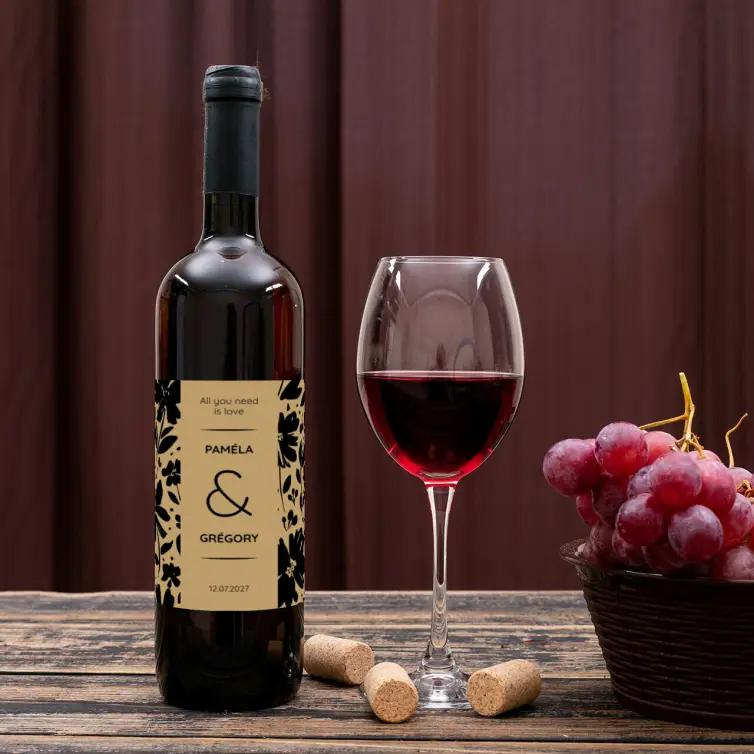 Étiquette personnalisée mariage, motif floral noir sur fond beige