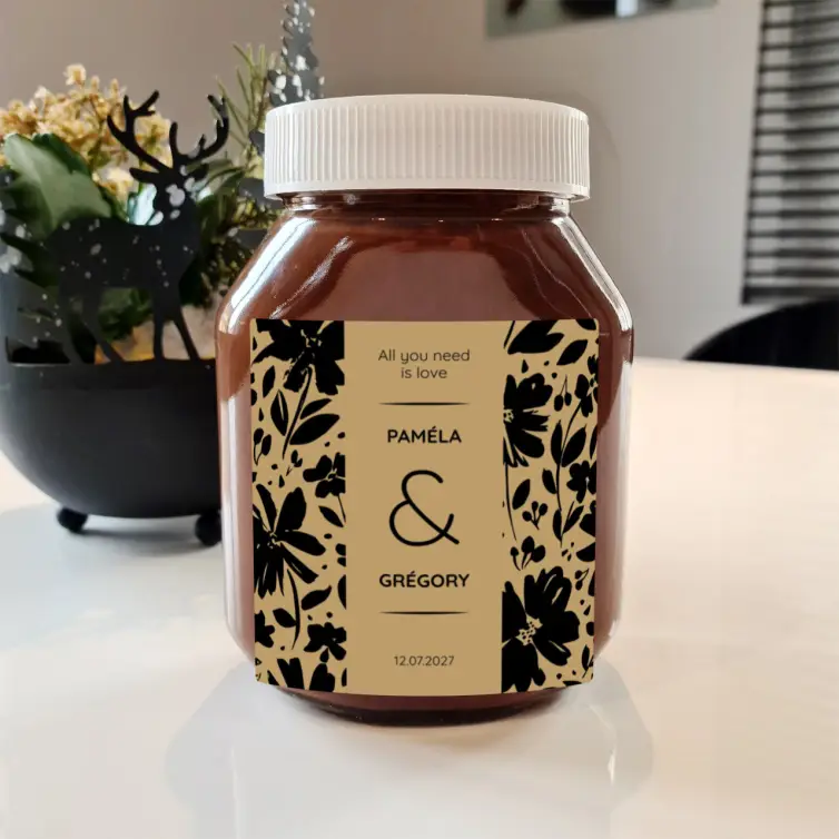 Étiquette personnalisée mariage, motif floral noir sur fond beige