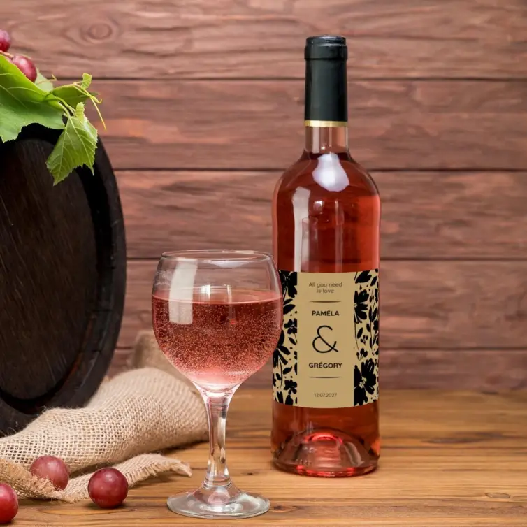 Étiquette personnalisée mariage, motif floral noir sur fond beige