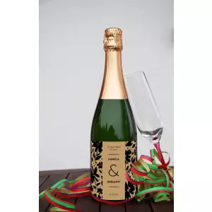 custom wedding label, black floral pattern on beige background