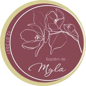 custom round christening label, elegant floral motif