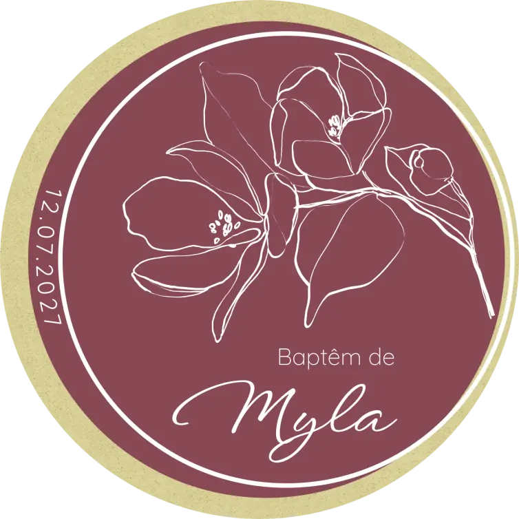 Étiquette personnalisée ronde baptême, motif floral élégant