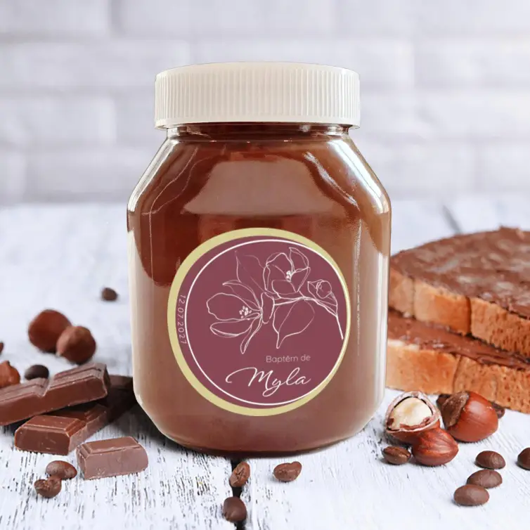 Custom round christening label, elegant floral motif