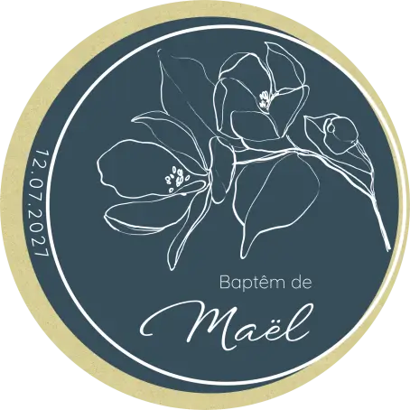 Étiquette personnalisée ronde baptême garçon, motif floral raffiné