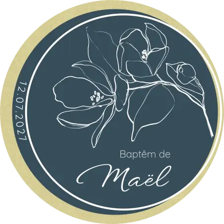 Étiquette personnalisée ronde baptême garçon, motif floral raffiné
