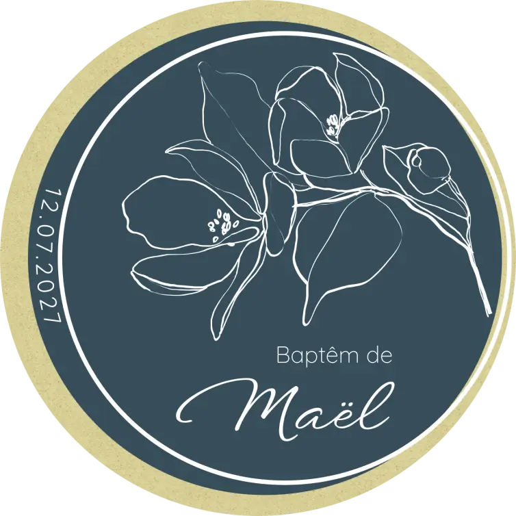 Étiquette personnalisée ronde baptême garçon, motif floral raffiné
