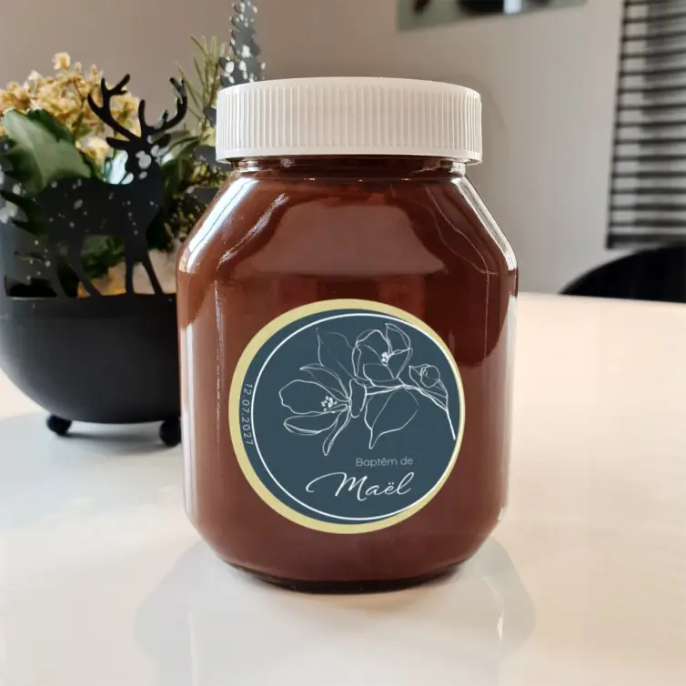 Étiquette personnalisée ronde baptême garçon, motif floral raffiné