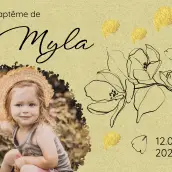 Étiquette personnalisée baptême fille, motif floral et photo, fond naturel