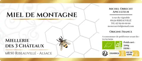 Étiquette personnalisée pour miel de montagne, design raffiné apiculture