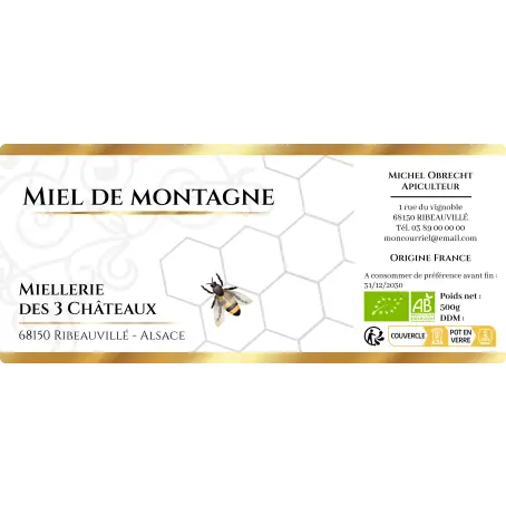 Étiquette personnalisée pour miel de montagne, design raffiné apiculture