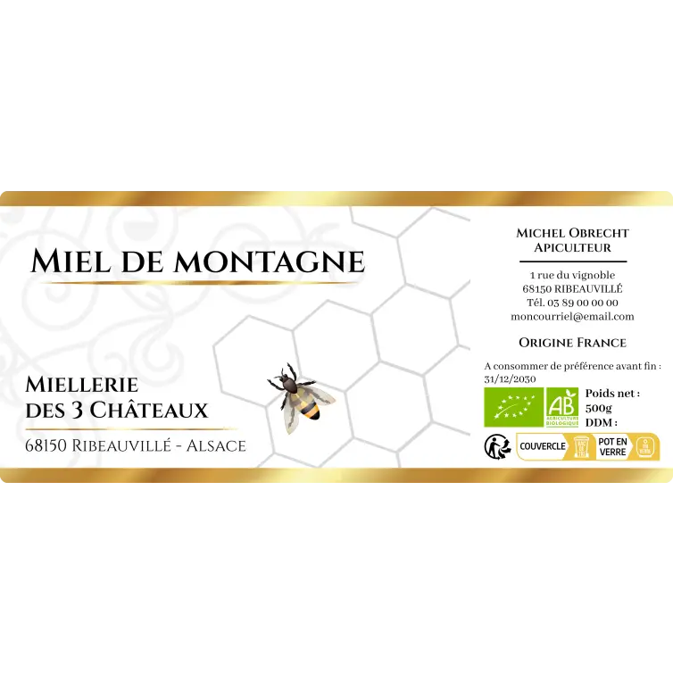Custom label for mountain honey, refined beekeeping design