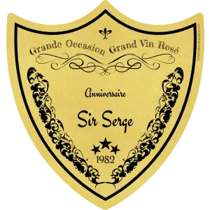 custom birthday label, shield-shaped grand cru on brushed gold metallic