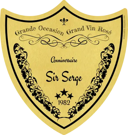Custom birthday label, shield-shaped grand cru on brushed gold metallic