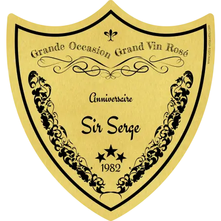 Custom birthday label, shield-shaped grand cru on brushed gold metallic