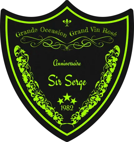 Étiquette personnalisée anniversaire blason, noir mat & vert fluo, style grand cru