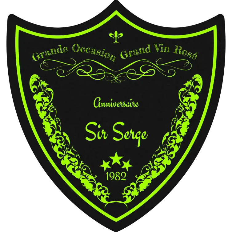Étiquette personnalisée anniversaire blason, noir mat & vert fluo, style grand cru