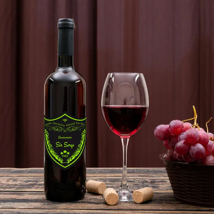 Étiquette personnalisée anniversaire blason, noir mat & vert fluo, style grand cru