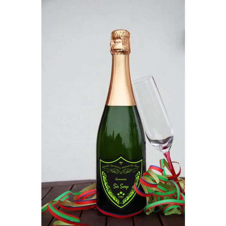Étiquette personnalisée anniversaire blason, noir mat & vert fluo, style grand cru