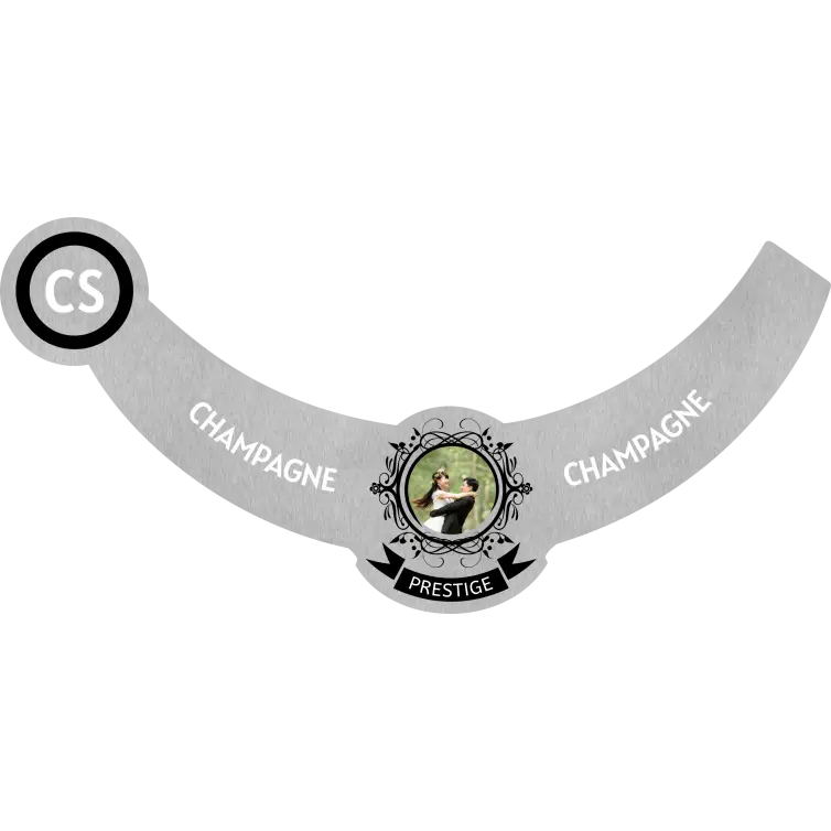 Custom champagne neck label, brushed silver design with photo