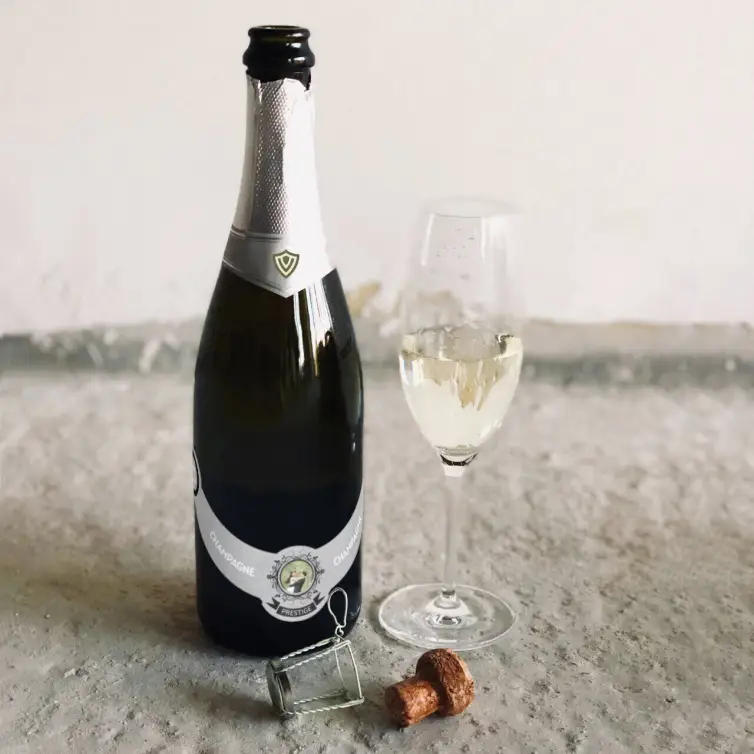 Custom champagne neck label, brushed silver design with photo