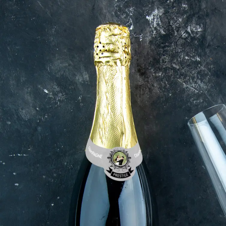 Custom champagne neck label, brushed silver design with photo