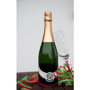 étiquette personnalisée collerette champagne, design argent brossé avec photo