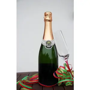 custom champagne neck label, brushed silver design with photo