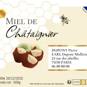Étiquette personnalisée pour miel de châtaignier, design hexagonal et châtaignes