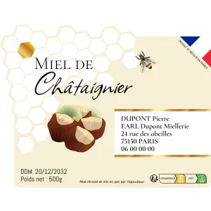 custom chestnut honey label, hexagonal design