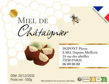 Étiquette personnalisée pour miel de châtaignier, design hexagonal et châtaignes